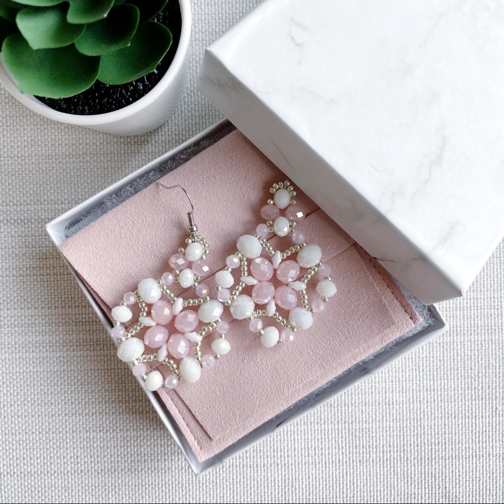 Handmade silver, white and pink crystal beaded earrings